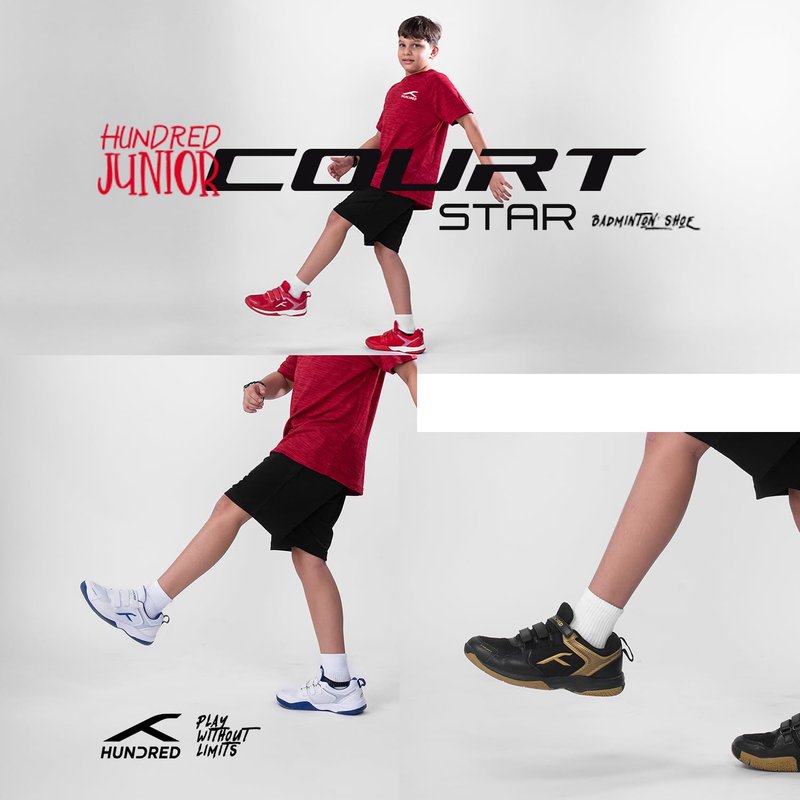 Hundred Court Star Kids Badminton Sports Shoes(Non Marking) | Black-Gold | 3US/2UK/36EU | Lightweight & Durable | X-Cushion Protection | Paddle Pickle | Velcro Closure