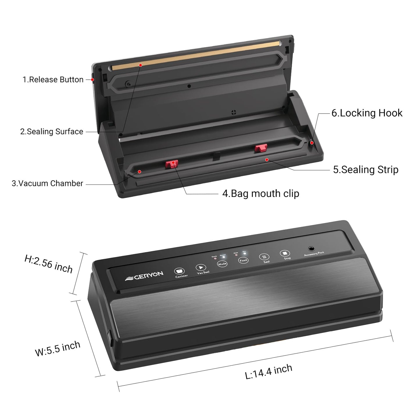 GERYON Vacuum Sealer Machine, Food Vacuum Sealer with Powerful Suction | Slim Design | Easy to Use | Led Indicator Lights for Sous Vide, Meal Prep, w/Starter Kits for Vacuum Seal Container (Black)