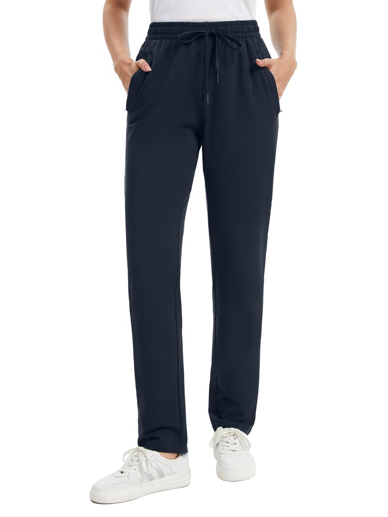 Tapata Women's 26" Short Inseam Sweatpants Cotton Lounge Yoga Pants Casual Open Bottom Workout Zipper Pocket Joggers, Navy Blue, M