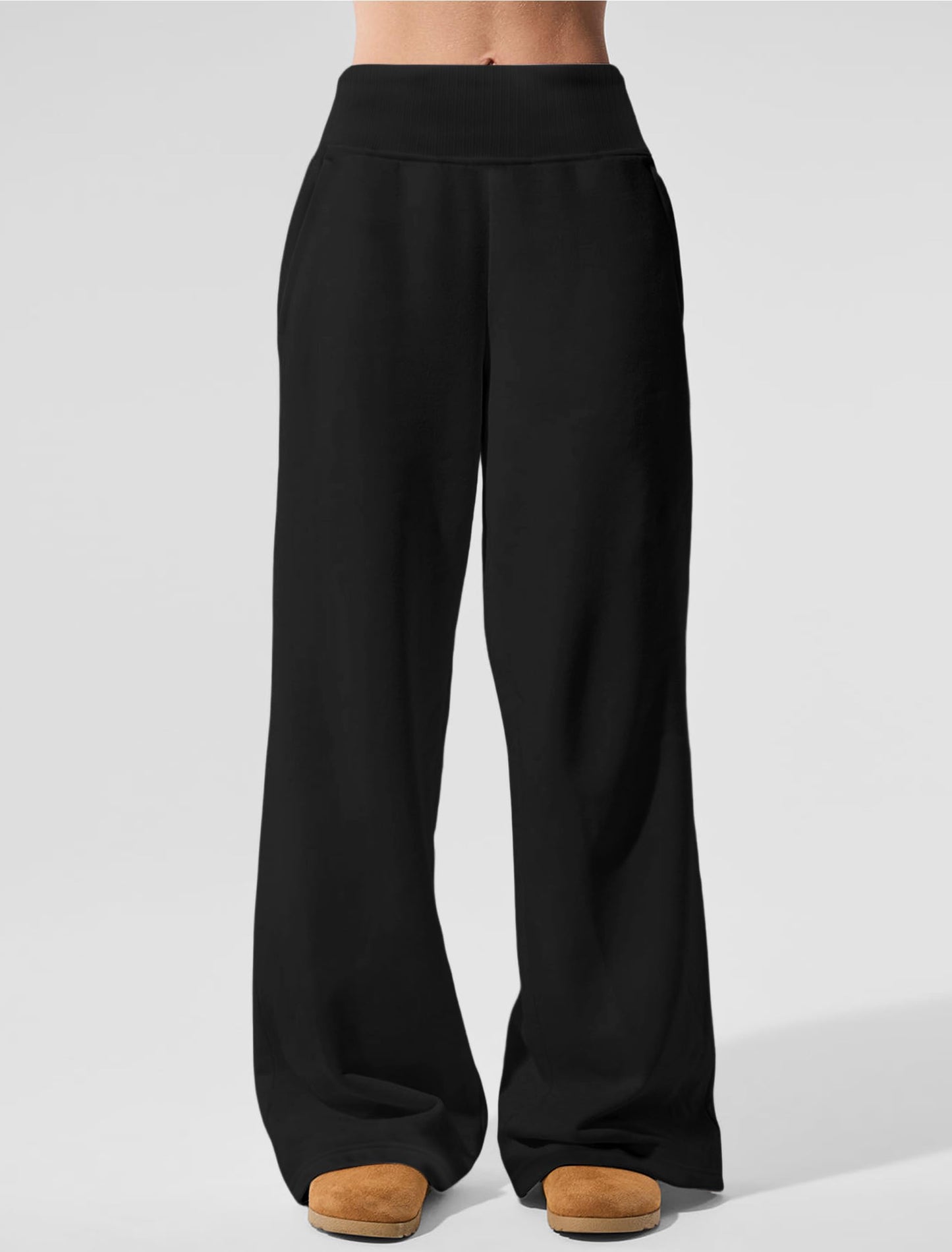 IWD Wide Leg Sweatpants Women High Waist Fleece Lined Sweat Pants Baggy Straight Athletic Pants with Pockets Black, Medium