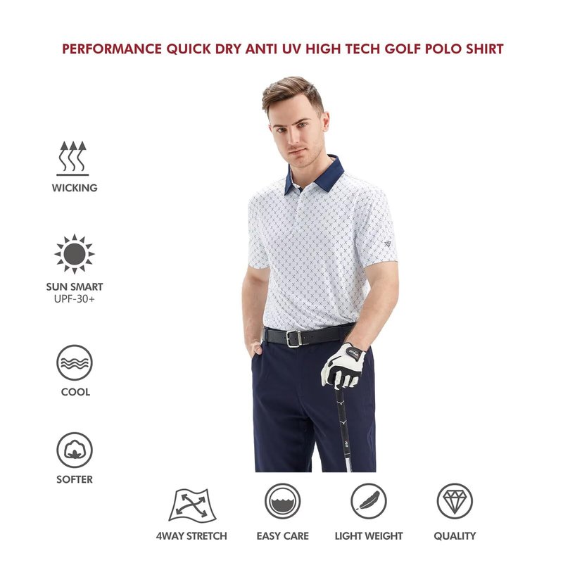 Golf Shirts for Men Dry Fit Short Sleeve Print Performance Moisture Wicking Polo Shirt White