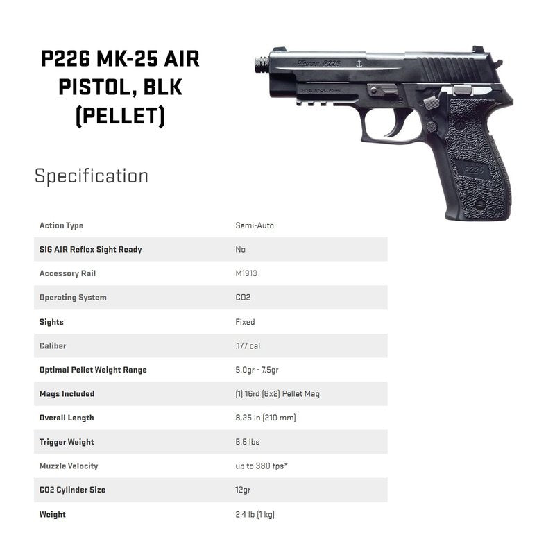 SIG SAUER P226 MK-25 CO2-Powered .177 Cal Semi-Auto Black Airgun Pellet Pistol with 16rd 8x2 Rotary Magazine