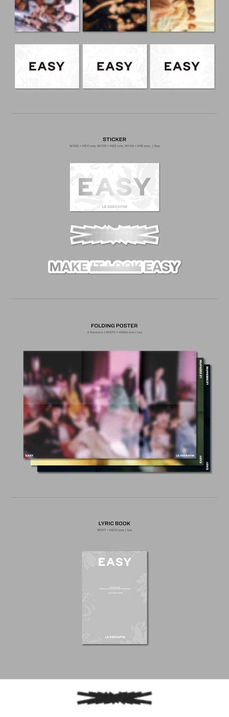 KPOP LE SSERAFIM Easy 3rd Mini Album Standard 3 Version SET CD+1p Folding Poster on Pack+104p Booklet+1p PhotoCard+1p PostCard+3ea Sticker+1ea Lyric Book+Tracking Sealed LSFM