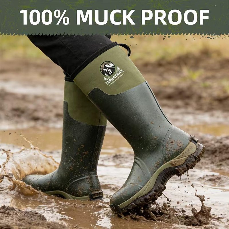 TerraTrax Men's Waterproof Insulated Rubber Hunting Boots – 6mm Neoprene Rain Boots for Outdoor Work, Fishing, Farming & Gardening Green Size 12