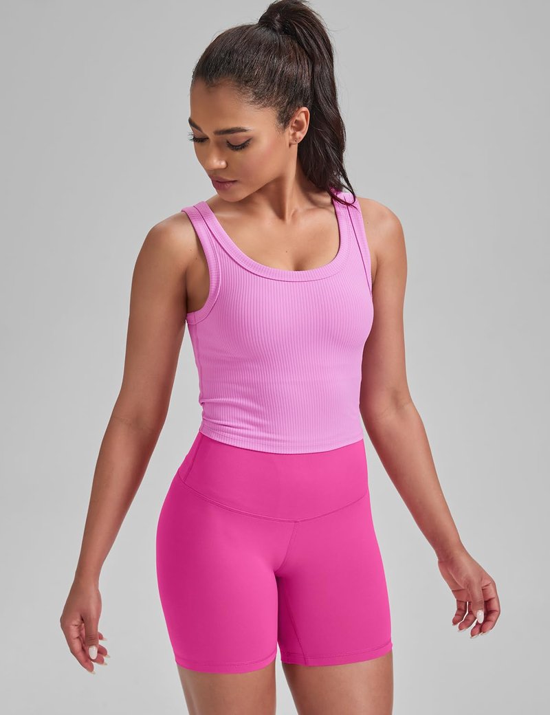 HeyNuts Ribbed Longline Sports Bras for Women, U Back Wireless Medium Impact Workout Athletic Basic Gym Yoga Crop Tank Tops Padded with Built in Bras Dahlia Mauve S