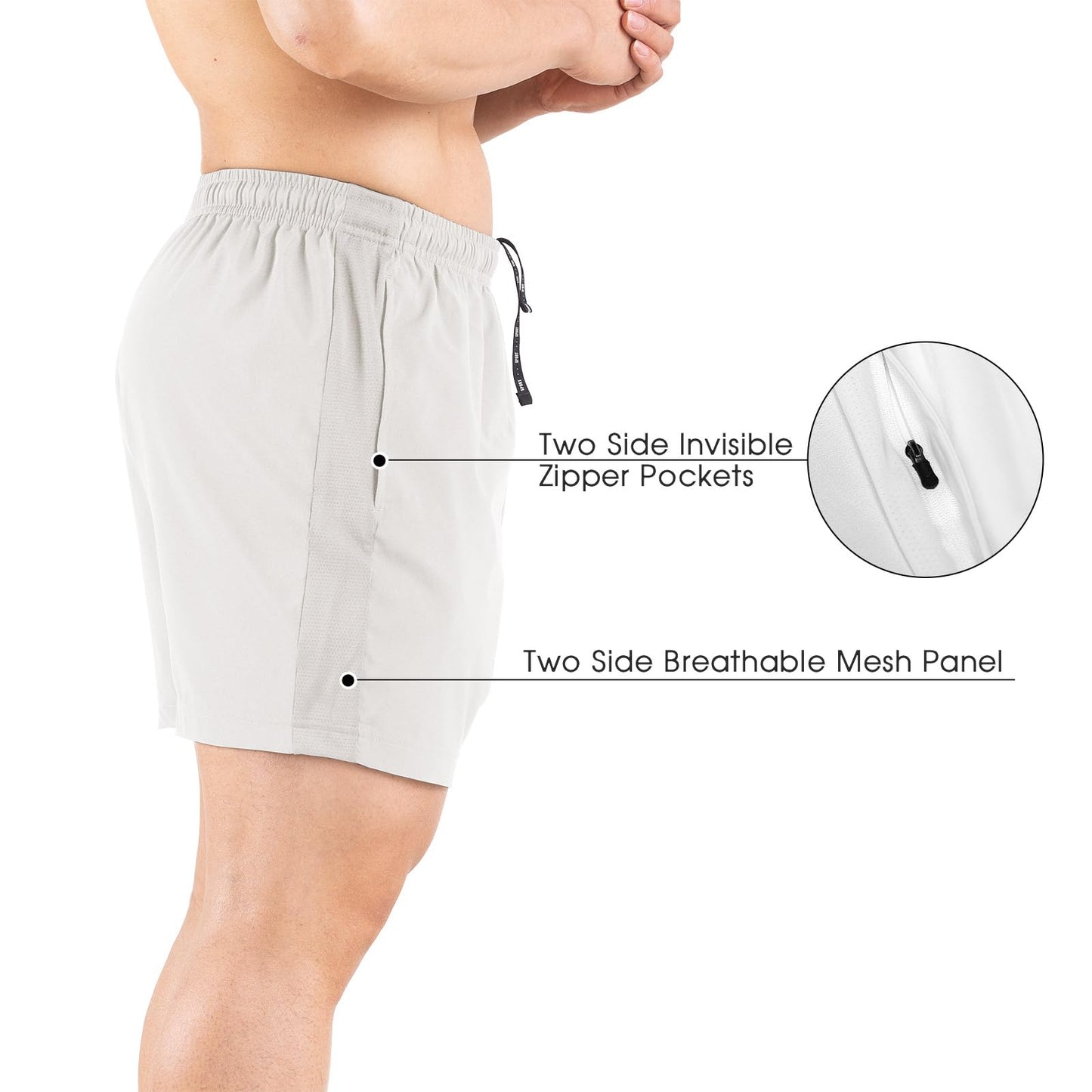 Gaglg Men's 5" Running Shorts 2 Pack Quick Dry Athletic Workout Gym Shorts with Zipper Pockets White/Red,Large