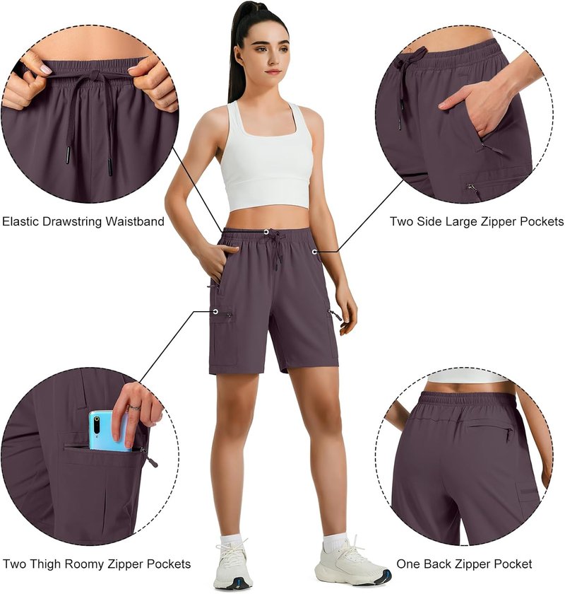 Women's Lightweight Hiking Cargo Shorts - Quick Dry, Water Resistant with Zipper Pockets | Ideal for Camping, Travel & Golf