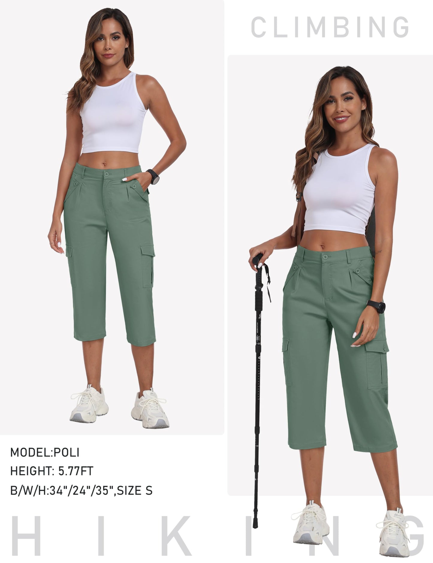 MoFiz Women's Cargo Capris Hiking Pants Summer Outdoor Travel Casual Capri Pants for Women with 6 Pockets Grey Green XL
