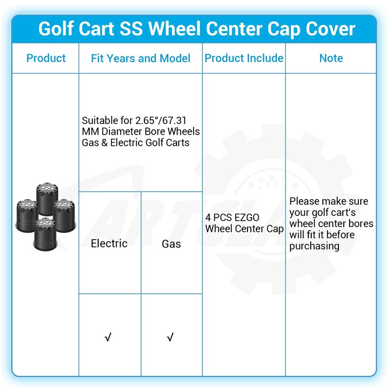CartClan Golf Cart Black SS Center Cap Cover, Suitable for 2.65" Dia Bore Wheel Rim SS Chrome Plastic Center Caps for EZGO Golf Cart Wheel -4 Black Packs
