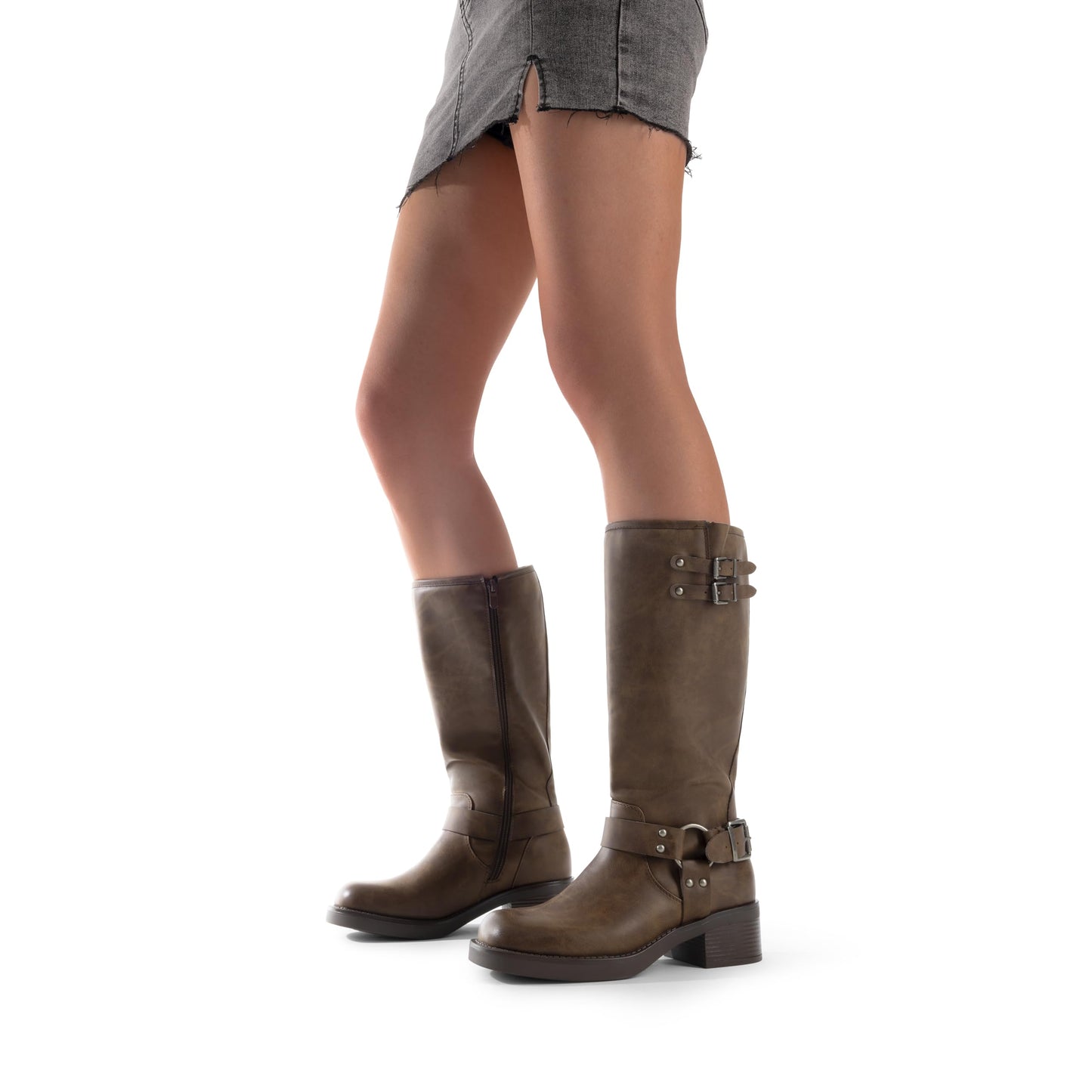 DREAM PAIRS Women's Knee High Boots Side Zipper Motorcycle Boots Square Toe Chunky Low Heel Fashion Buckles Biker Riding Boots,Size 8,Brown-Nubuck,SDKB2412W