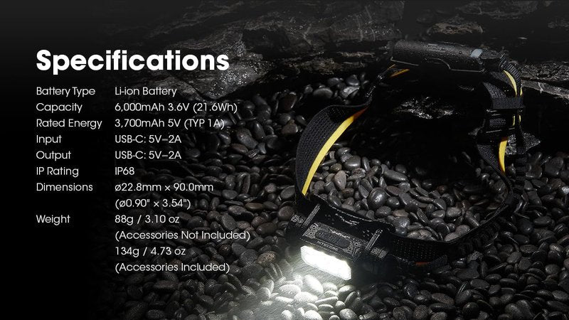 Nitecore Carbon Battery 6K Kit Headlamp Runtime Extender for NU40, NU43, NU45, NU50, and HC65 UHE Headlamps