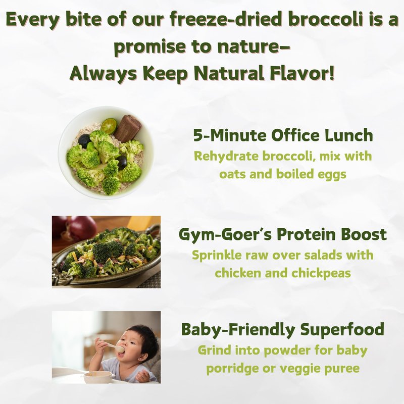 Nat Flav Freeze Dried Broccoli | 5.3oz | 100% Natural Broccoli | No Sugar & Additives | Non-GMO & Vegan Friendly | Healthy Snacks for Kids or Adults | Freeze Dried Backpacking & Camping Food