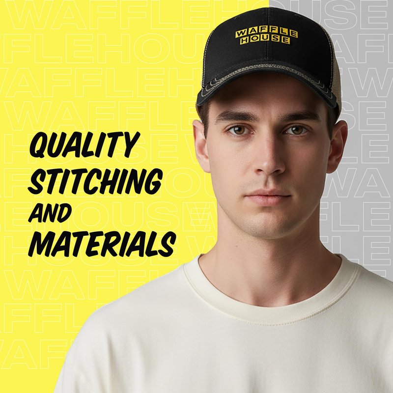 Waffle House Trucker Hat for Men – Garment Washed Mesh Back Cap, Relaxed Fit Adjustable Snapback, Soft Cotton Twill Front, Breathable Casual Trucker Hats