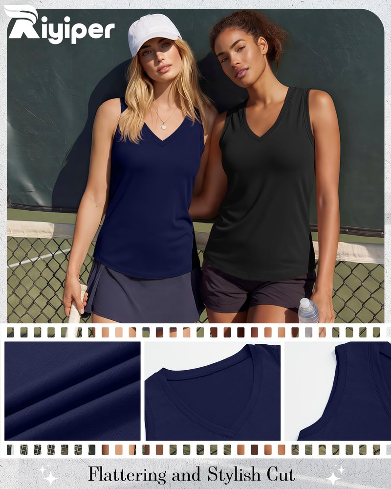 Riyiper 4 Pack Women's Tank Tops Sleeveless V Neck Casual Summer Loose Fit T Shirts Flowy Basic 2026 Fashion Tee Blouse(Black, White, Light Gray, Navy Blue,Medium)