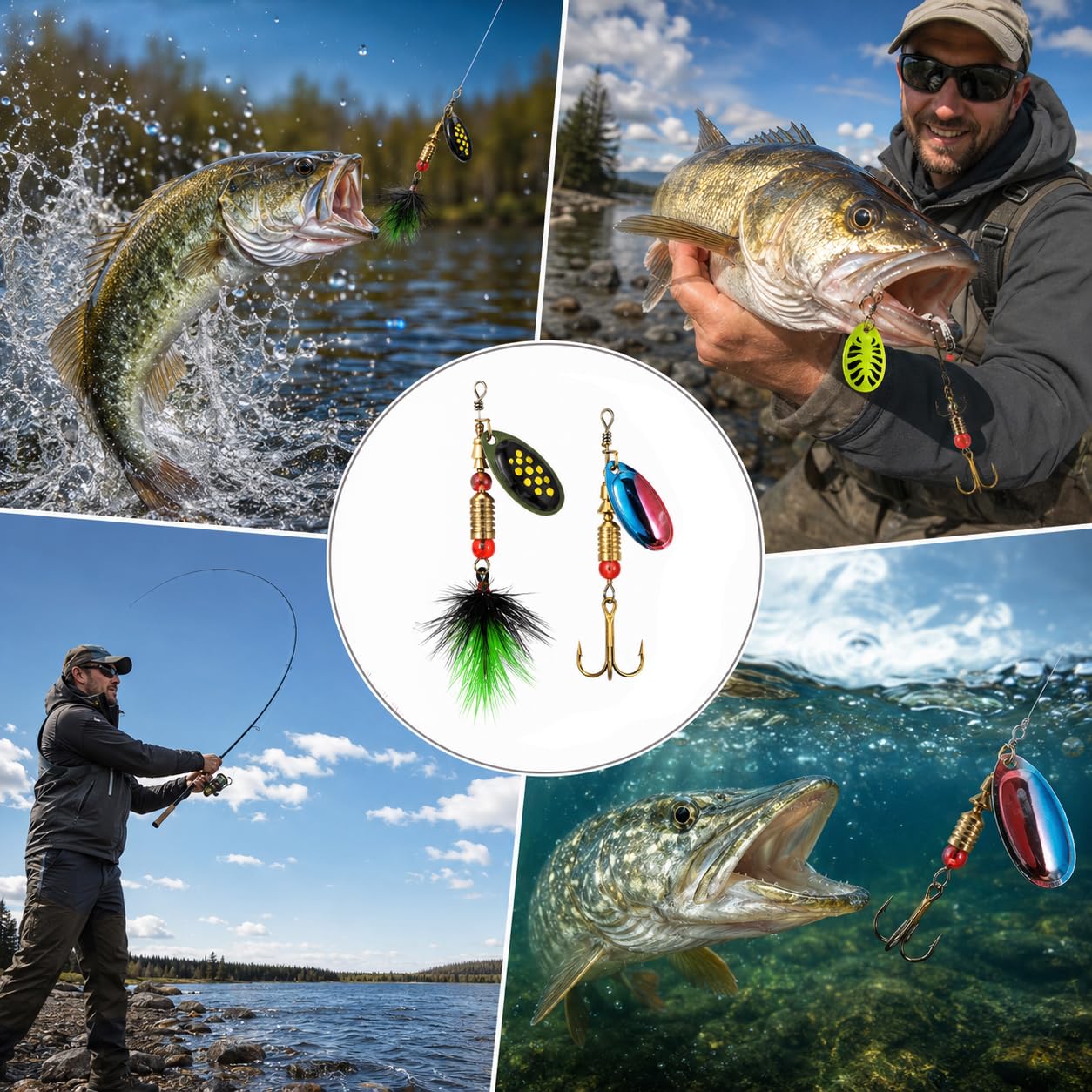 Fishing Spinner Lures Kit 15PCS, Inline Spinner Baits with Treble Hooks and Feather Tails, Rooster Tail Lures, Hard Metal Trout Spinners for Bass Crappie Panfish Freshwater