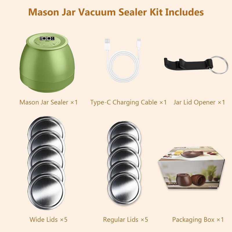 Electric Mason Jar Vacuum Sealer - Automatic Food Storage Sealing Machine for Regular & Wide Mouth Jars | Green
