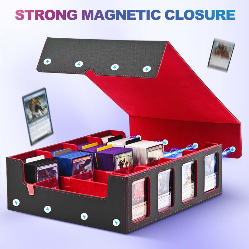 UAONO Trading Card Storage Box with Commander Display; 2400+ Deck Box for MTG with Removable Cover; Top Loaders Card Case fits Magic TCG PTCG Sports Cards; 24 Dividers, 4 Stoppers (Black, Red)