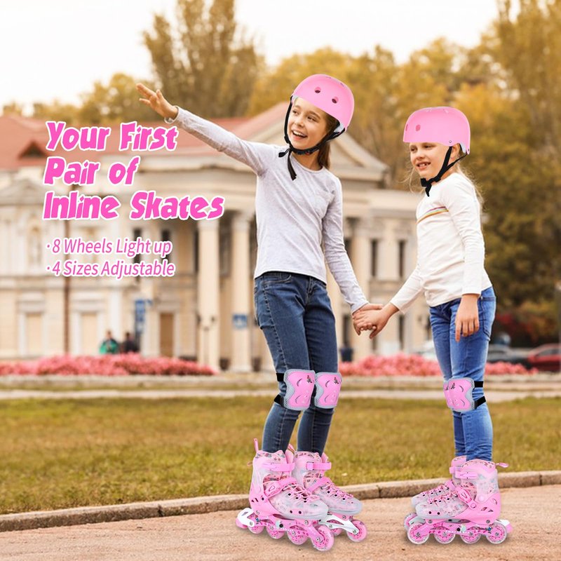 VEZLOPUS Inline Skates, Adjustable Children Inline Skates with Light up Wheels for Kids, Girls, Boys, Teens, Beginner & Advance | with Protective Gears and Carry Bag (Pink)