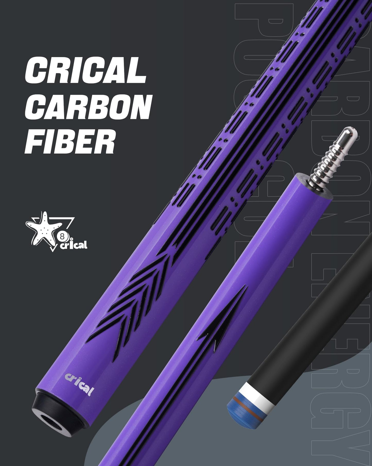 CRICAL Carbon Fiber Pool Cue Stick - 58" Low Deflection Professional Pool Cue with Pro Taper Shaft, 3D Wrapless Grip, 12.5mm Tip & 3/8x8 Joint Billiard Stick for Enhanced Control & Accuracy Purple