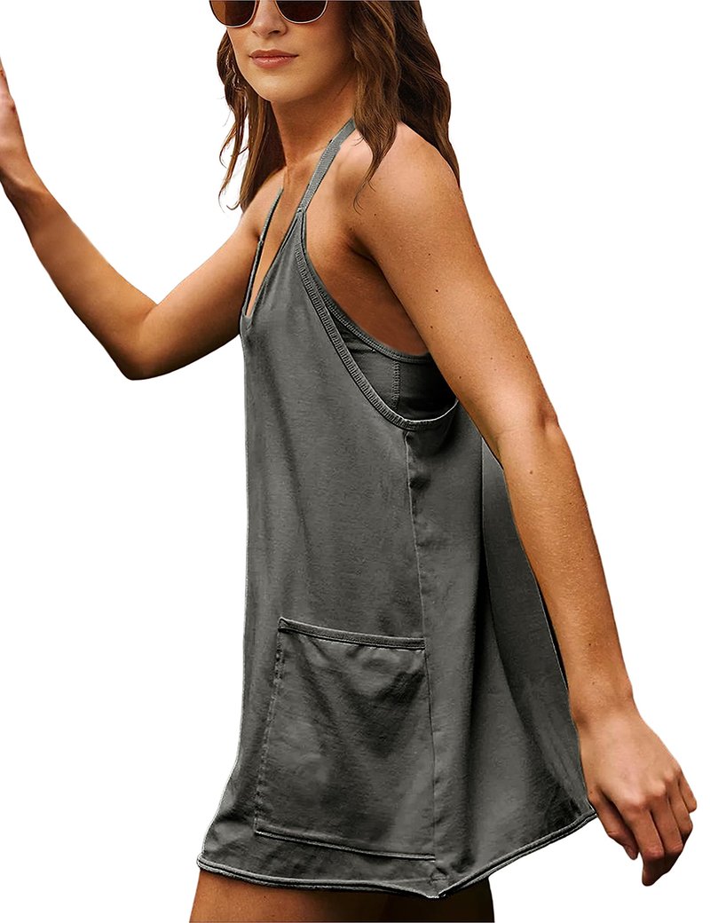 Lentta Womens Athletic Sleeveless Mini Dress with Built-in Shorts V Neck Spaghetti Strap Sundress(Darkgrey-L)