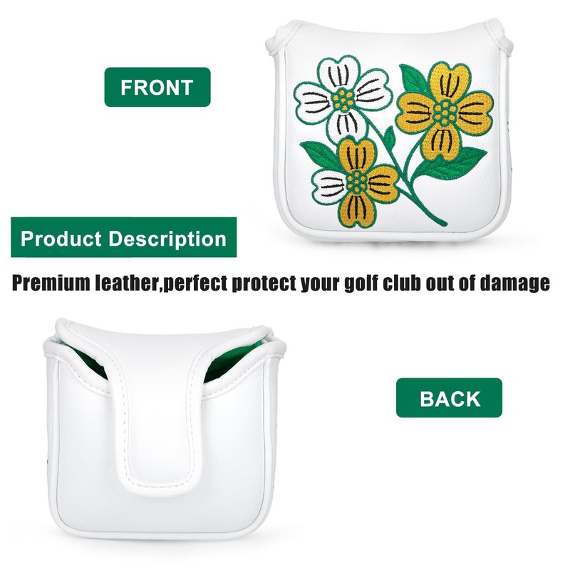 Golf Square Heel Shaft Mallet Putter Cover Headcover, Flower Magnetic Closure Elegant Embroidery Premium Leather Golf Mallet Putter Covers
