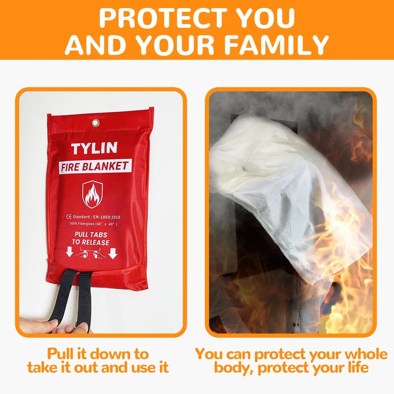 TYLIN Emergency Fire Blanket for Home & Kitchen 40” x 40” - 4 Pack, High Heat Resistant Fire Suppression Blankets for Home Safety, Kitchen, and Camping (4)