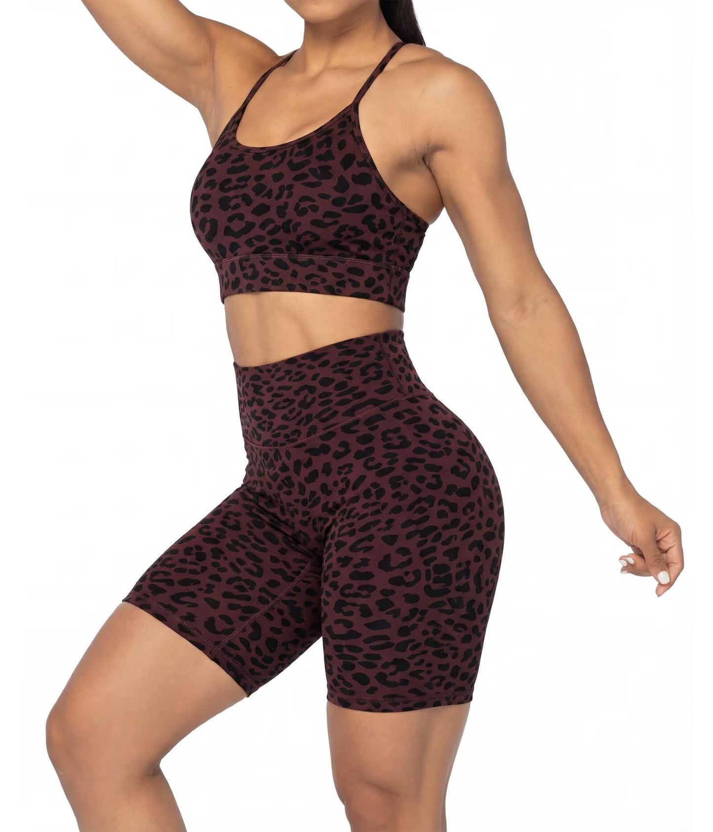 Sunzel 8" Waist Biker Shorts for Women No Front Seam Soft Yoga Workout Gym Bike Shorts Tummy Control Squat Proof Leopard Chocolate Brown X-Small