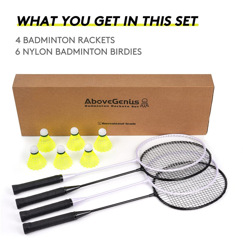 AboveGenius Badminton Rackets Set of 4 for Outdoor Backyard Games, Including 4 Rackets, 6 Nylon Badminton Shuttlecocks, Lightweight Badminton Racquets for Beginners