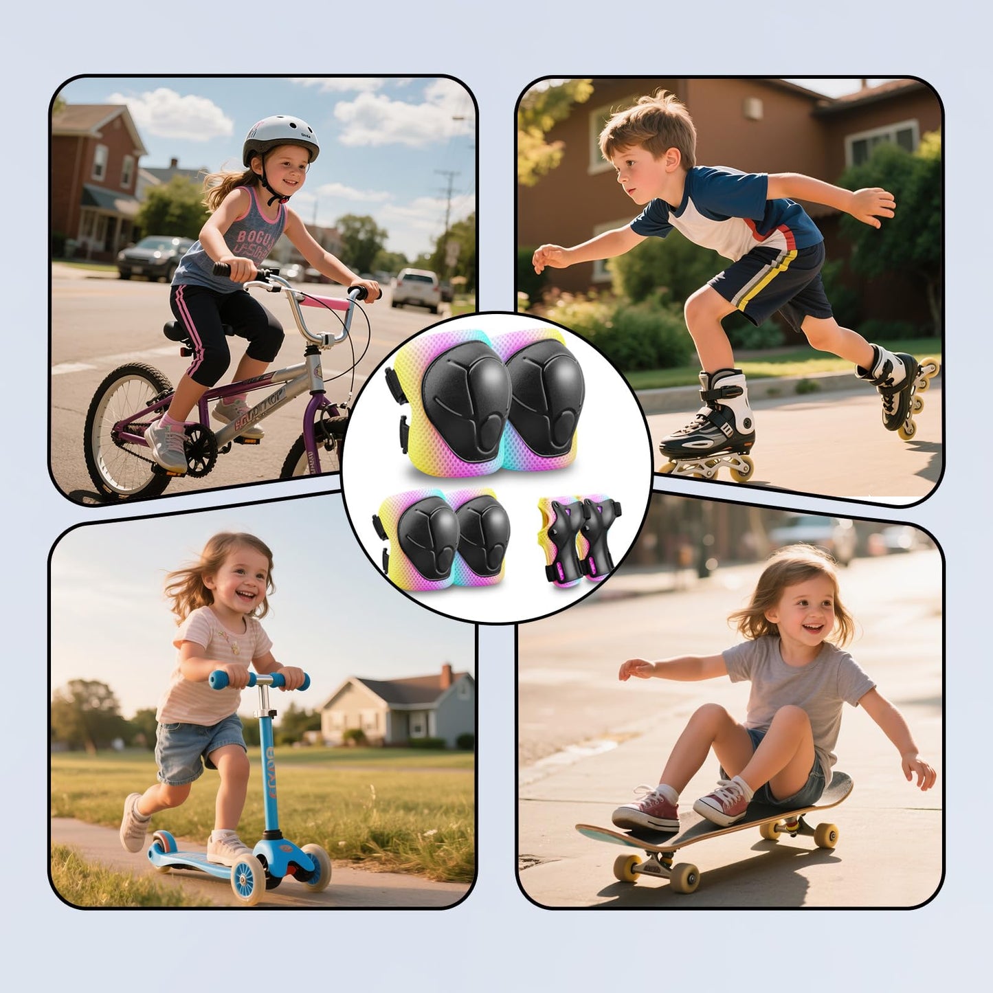 Kids Protective Gear Set Knee Pads for Kids 3-14 Years Toddler Knee and Elbow Pads with Wrist Guards 3 in 1 for Skating Cycling Bike,Biking, Roller Skates, Scooters (Pink Blue Yellow, S(3-8Years))