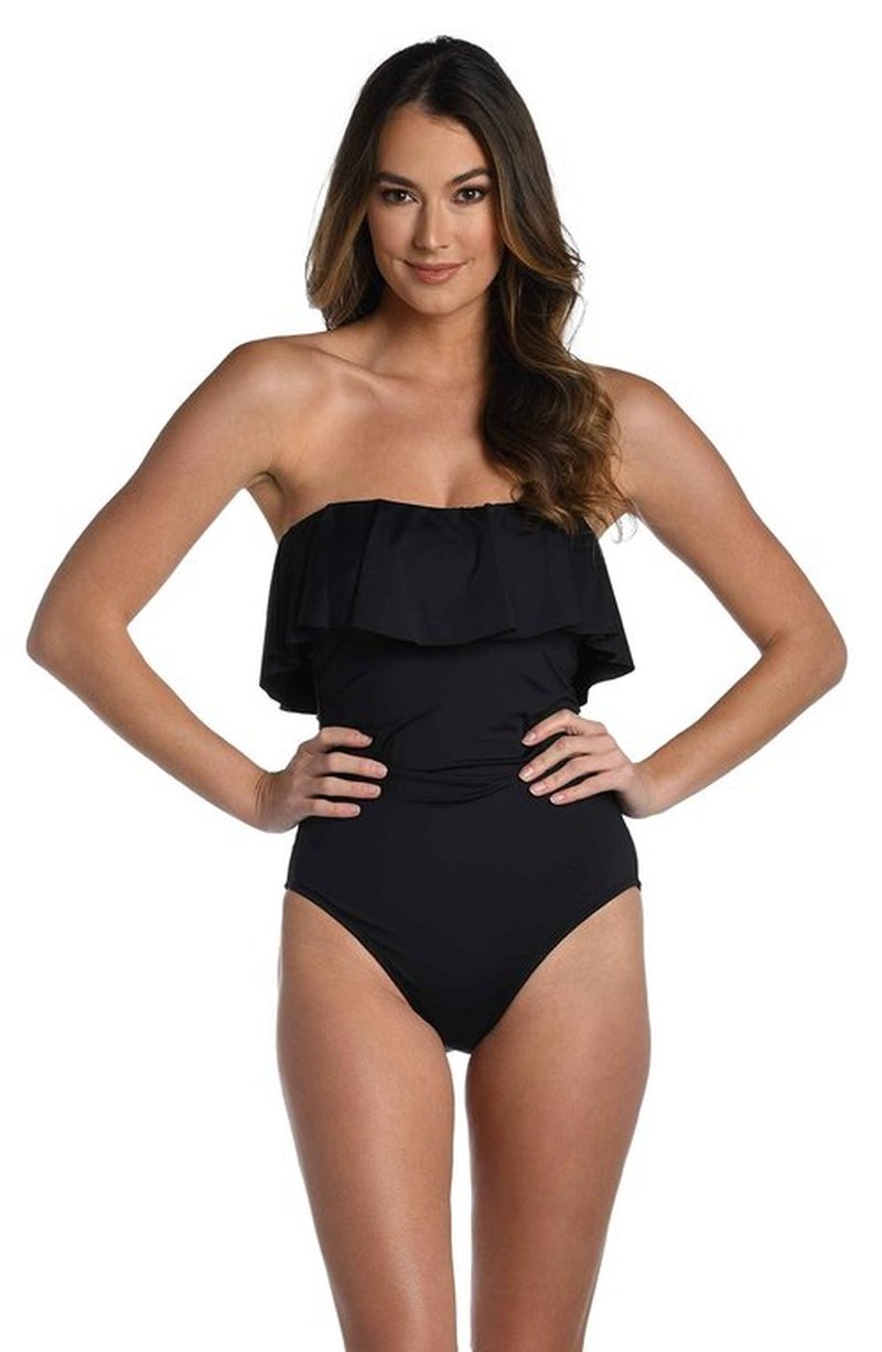 La Blanca Women's Standard Island Goddess Ruffle Bandeau One Piece Swimsuit, Black, 6