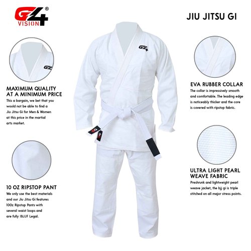 G4 VISION BJJ Gi Mens Kids Brazilian Jiu Jitsu Suit Jujitsu Adult Uniform Adult Youth Blue Black White (White, M2)