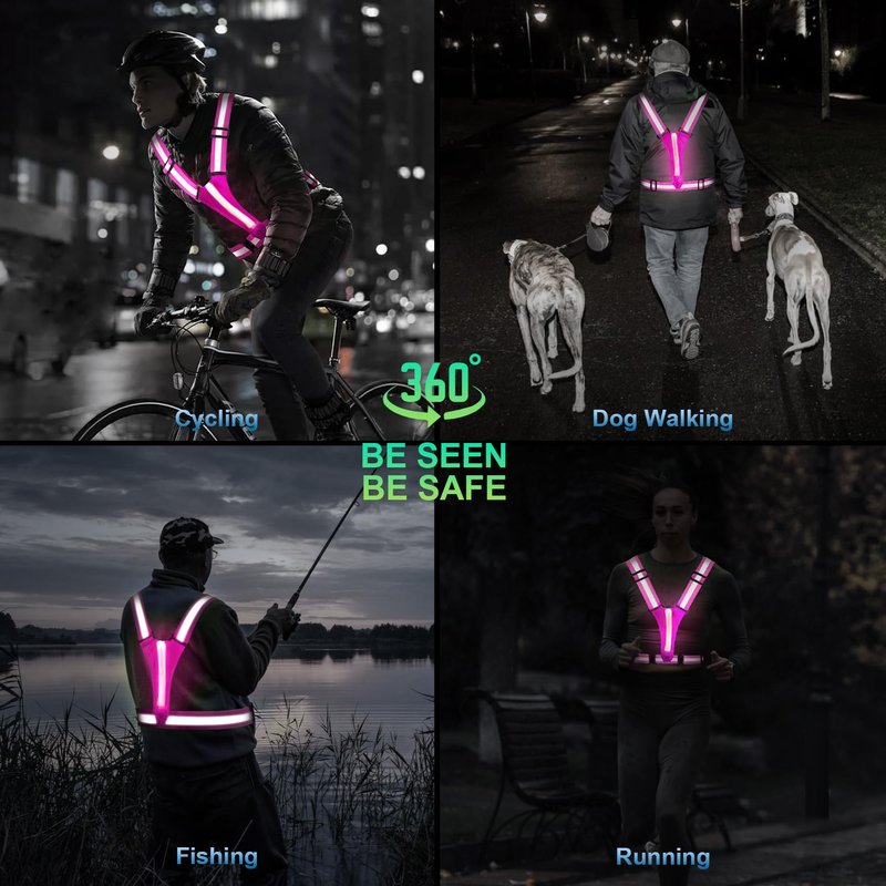 ELLUMIN LED Reflective Running Vest Gear, Rechargeable 5 Lights Colors High-Visibility Gear with Adjustable Waist/Shoulder for Man Woman Night Running Cycling Walking Dogs(Pink & Green)