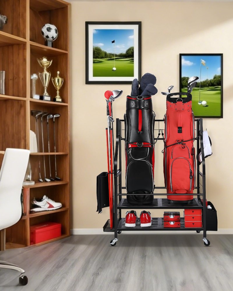FHXZH Golf Bag Storage Garage Organizer - Golf Bag Stand Fit for 2 Bag, Extra Clubs, Balls, Shoes, and Golf Equipment Accessories, Golf Storage Rack for Garage, Club, Shed (2 Golf Bag Rack)