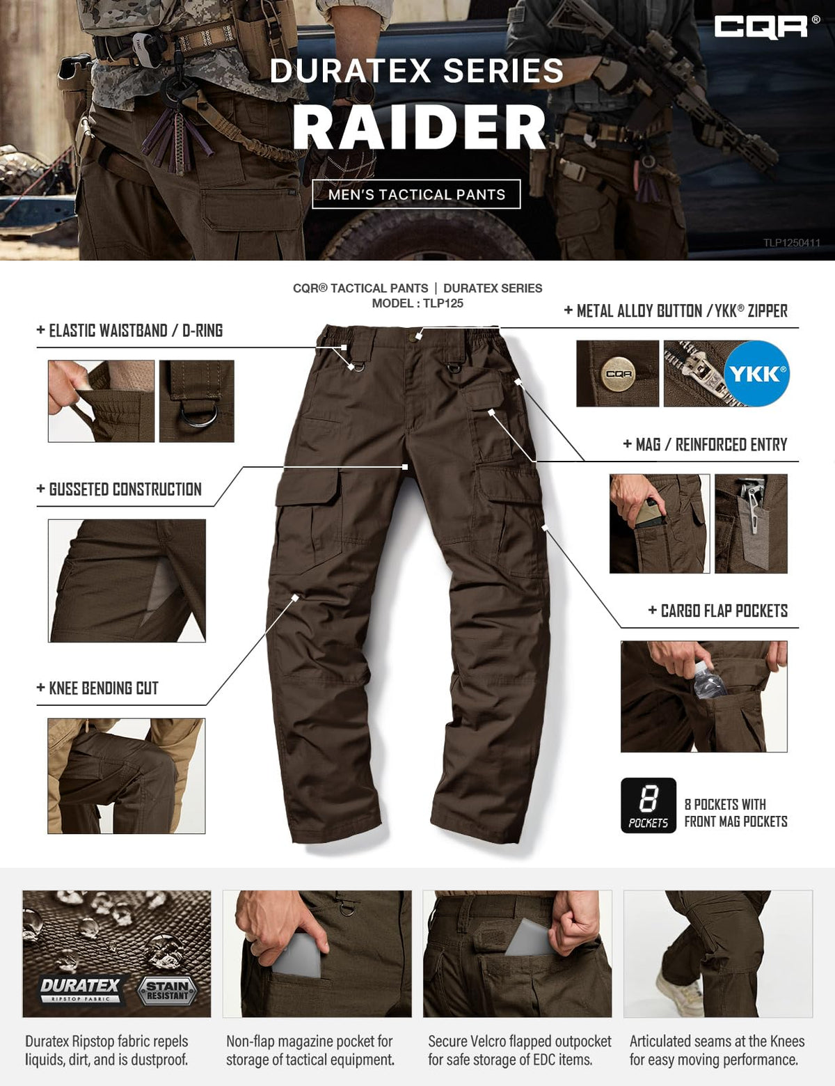CQR Men's Tactical Pants, Water Resistant Ripstop Cargo Pants, Lightweight EDC Work Hiking Pants, Outdoor Apparel, Duratex Mag Pocket Dark Brown, 42W x 32L