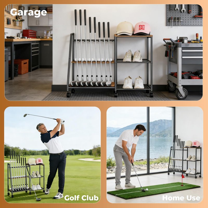 DEMEGA Golf Club Rack with Wheels, 2-in-1 Golf Organizer & Storage for Golf Clubs, Balls, Shoes, Hats, Sturdy Walnut Wood & Matte Black Iron Modern Golf Stand for Home Garage Office