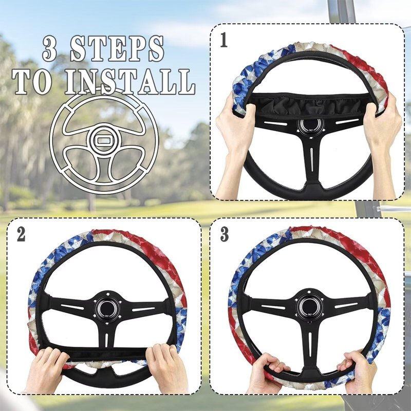 Qiyupavto American Flag Golf Cart Steering Wheel Cover Sweat-Absorbent Non-Slip Steering Wheel Protector Universal Golf Cart Accessories 4th of July Patriotic Decorations