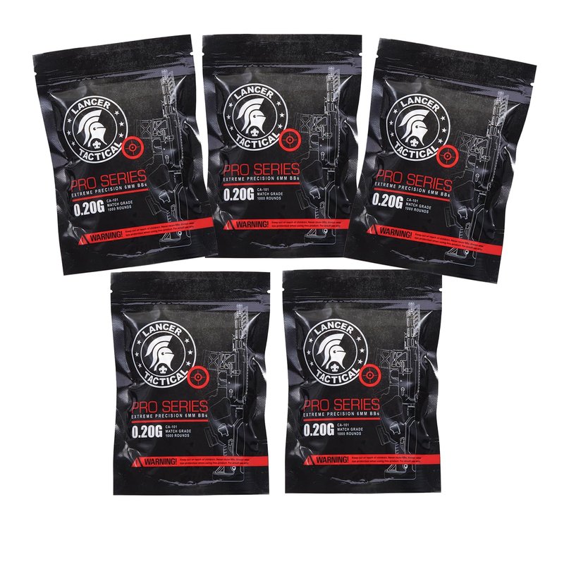 Lancer Tactical 1000 Extreme Precision Seamless Airsoft BBS 0.20g-5 Pack (1000 Rounds Per Bag)