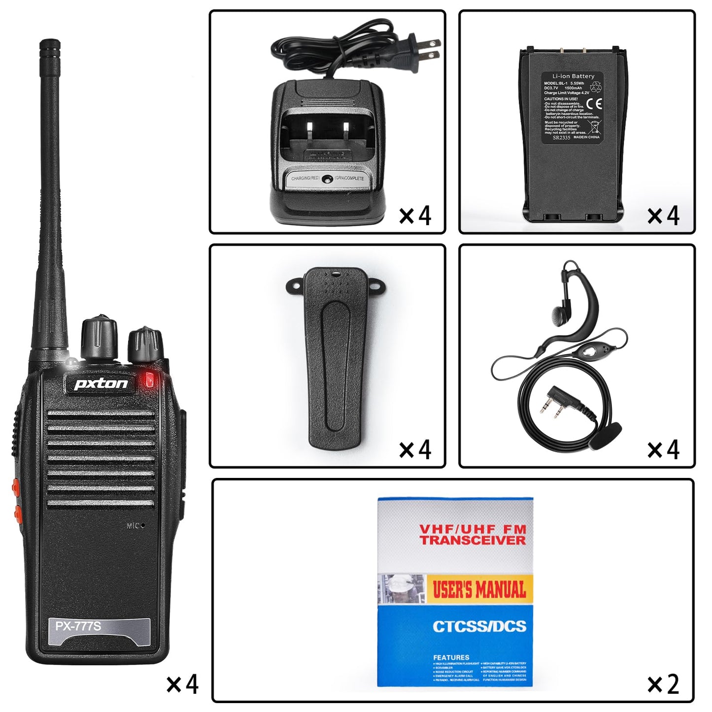 pxton 777S walkie talkies Long Range for Adults Rechargeable with Earpieces and Li-ion Battery,Two Way radios has VOX/TOT/Emergency Alarm/Battery Low Alert/Flashlight/Scan Function(4 Pack)