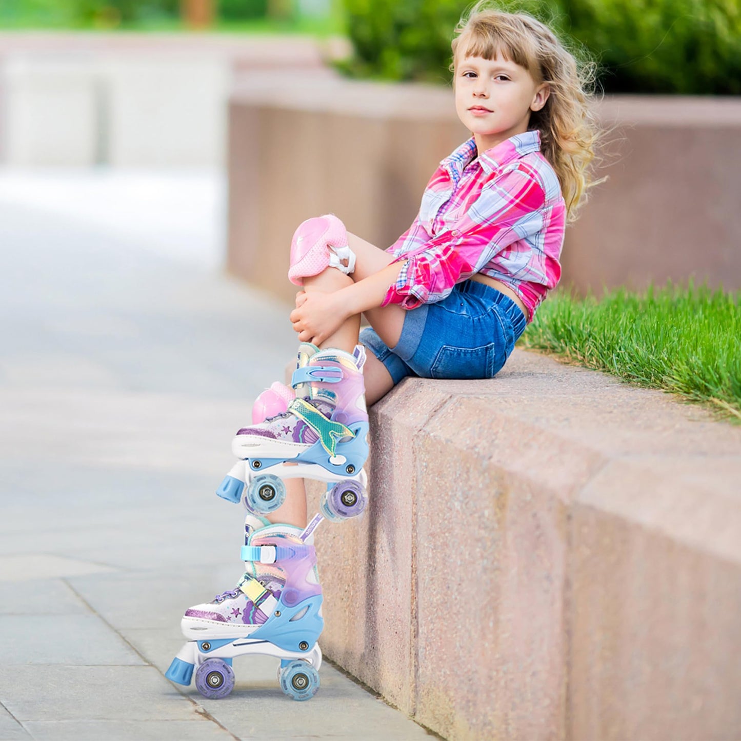 NEMONE Mermaid 4 Size Adjustable Light up Roller Skates for Girls, Blue Purple Skates for Toddlers, Beginner Kids Roller Skates Indoor Outdoor (Blue M)