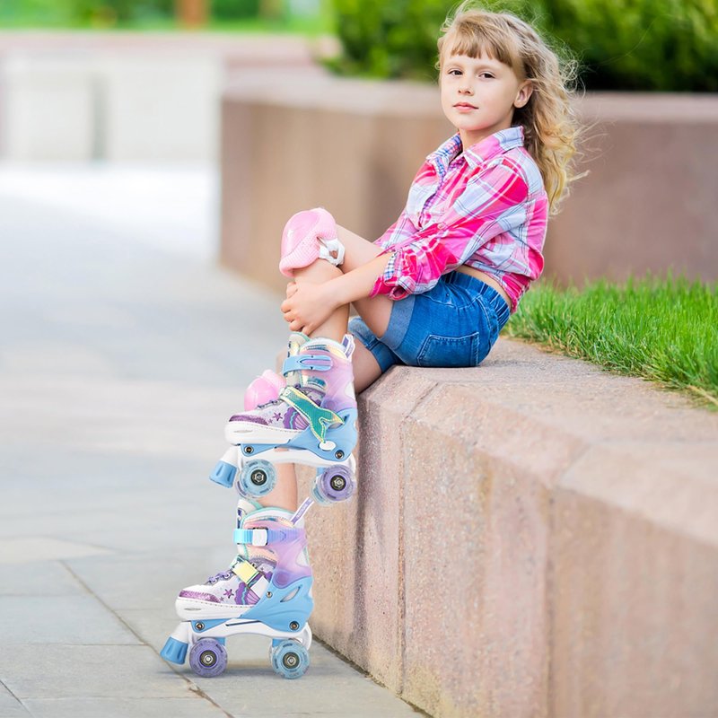 NEMONE Mermaid 4 Size Adjustable Light up Roller Skates for Girls, Blue Purple Skates for Toddlers, Beginner Kids Roller Skates Indoor Outdoor (Blue M)
