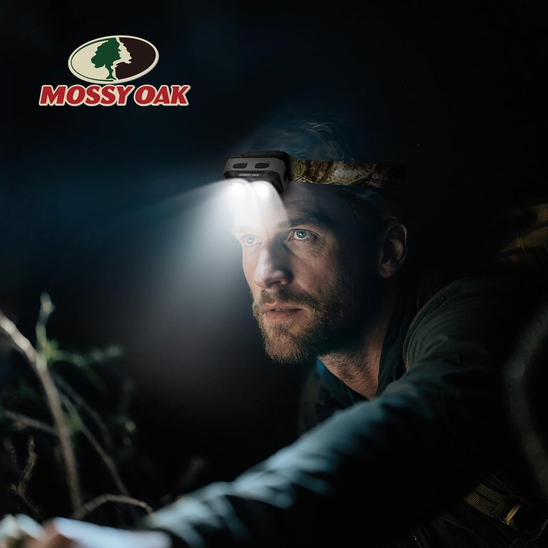 Mossy Oak 600 Lumens LED Headlamp, Dual Power Source, Motion Sensor Head Lamp with Magnetic Base, Stepless Dimming, Memory Mode for Camping, Hiking, Work, Repair, Mechanic