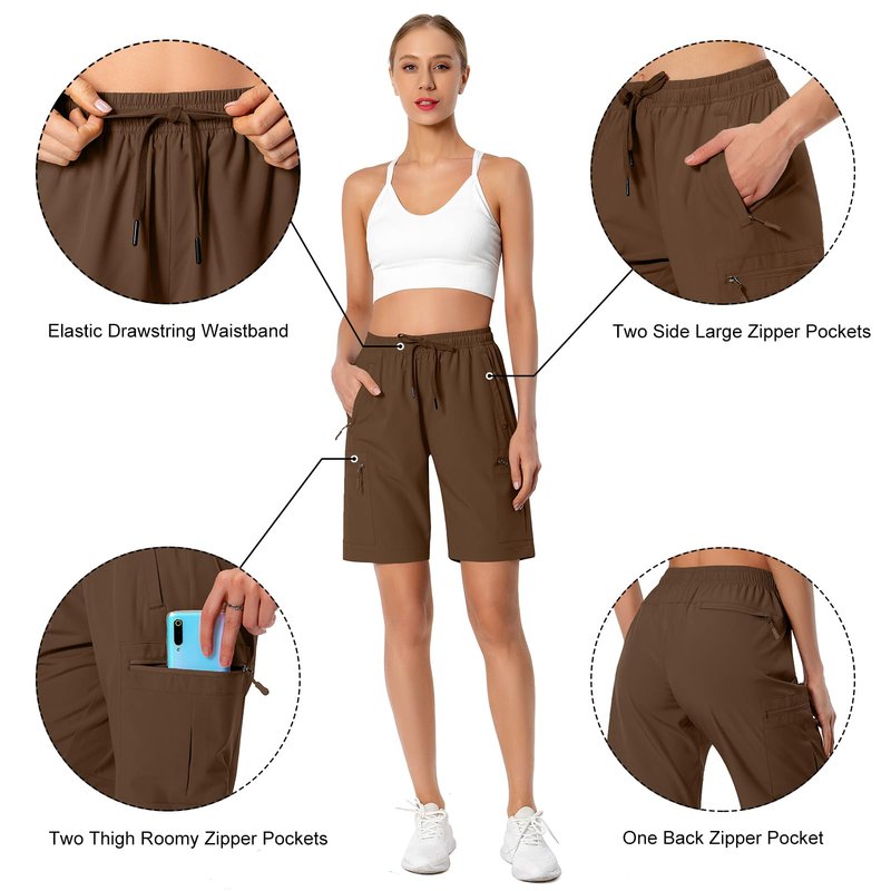 Hugut Women's Lightweight Hiking Cargo Shorts Quick Dry Athletic Shorts Camping Travel Golf Zipper Pockets Water Resistant Brown