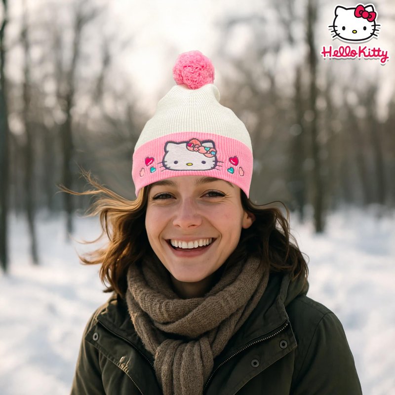 Hello Kitty Beanie Cap for Women | Hello Kitty Hat for Girls | Sanrio Winter Cap | Sanrio Pom Pom Hats | Kawaii Cat Winter Knit Hats | One Size | Pink | Officially Licensed