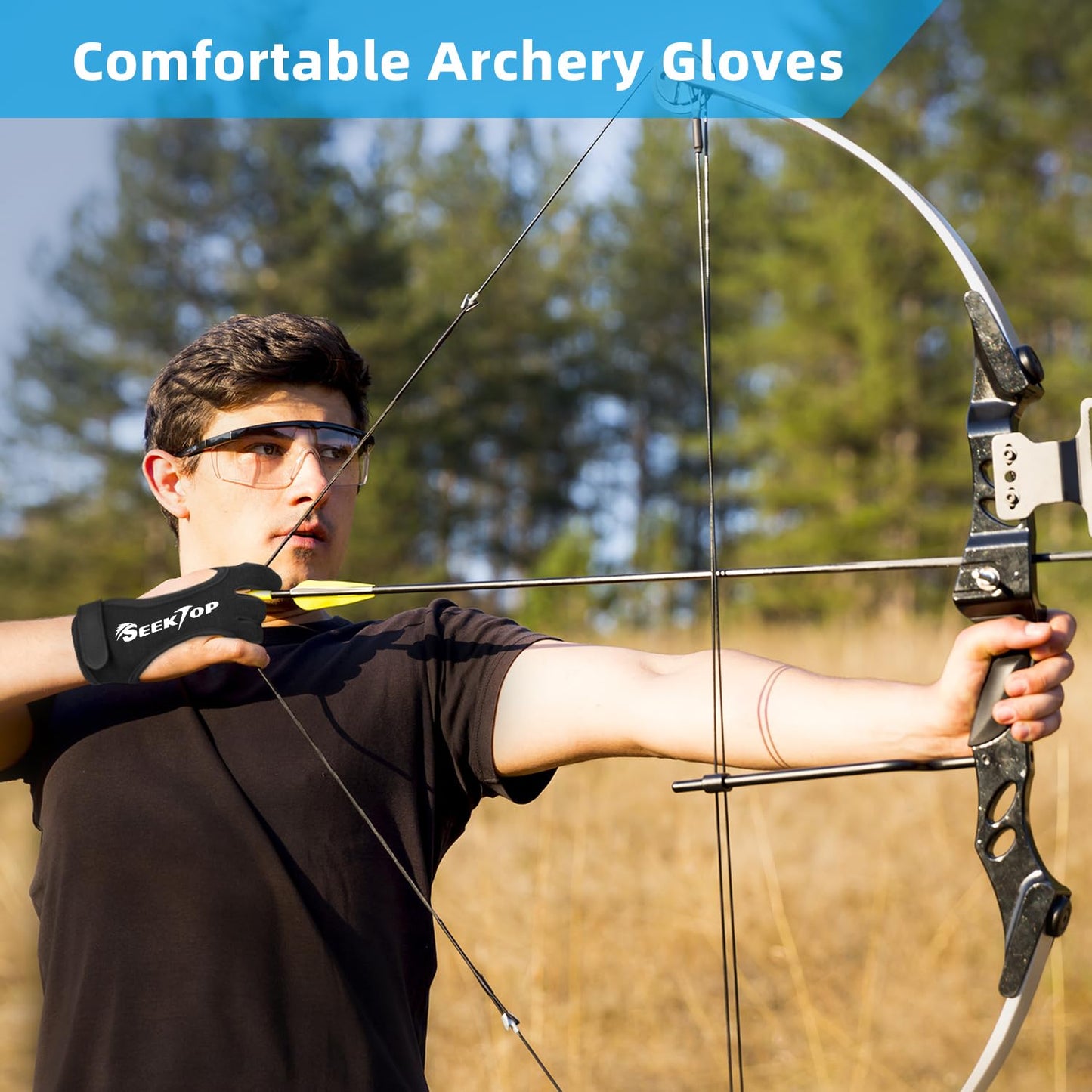 Seektop Archery Gloves Shooting Hunting Leather Three Finger Protector for Youth Adult Beginner - XL