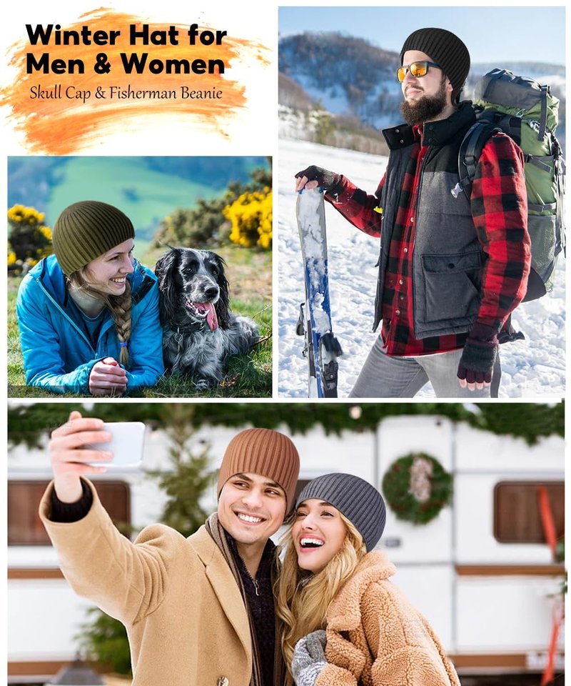 Heniho Winter Wool Skull Beanies for Men Women, Warm Plain Toboggan Hats Ski Running Knit Skull Cap, H