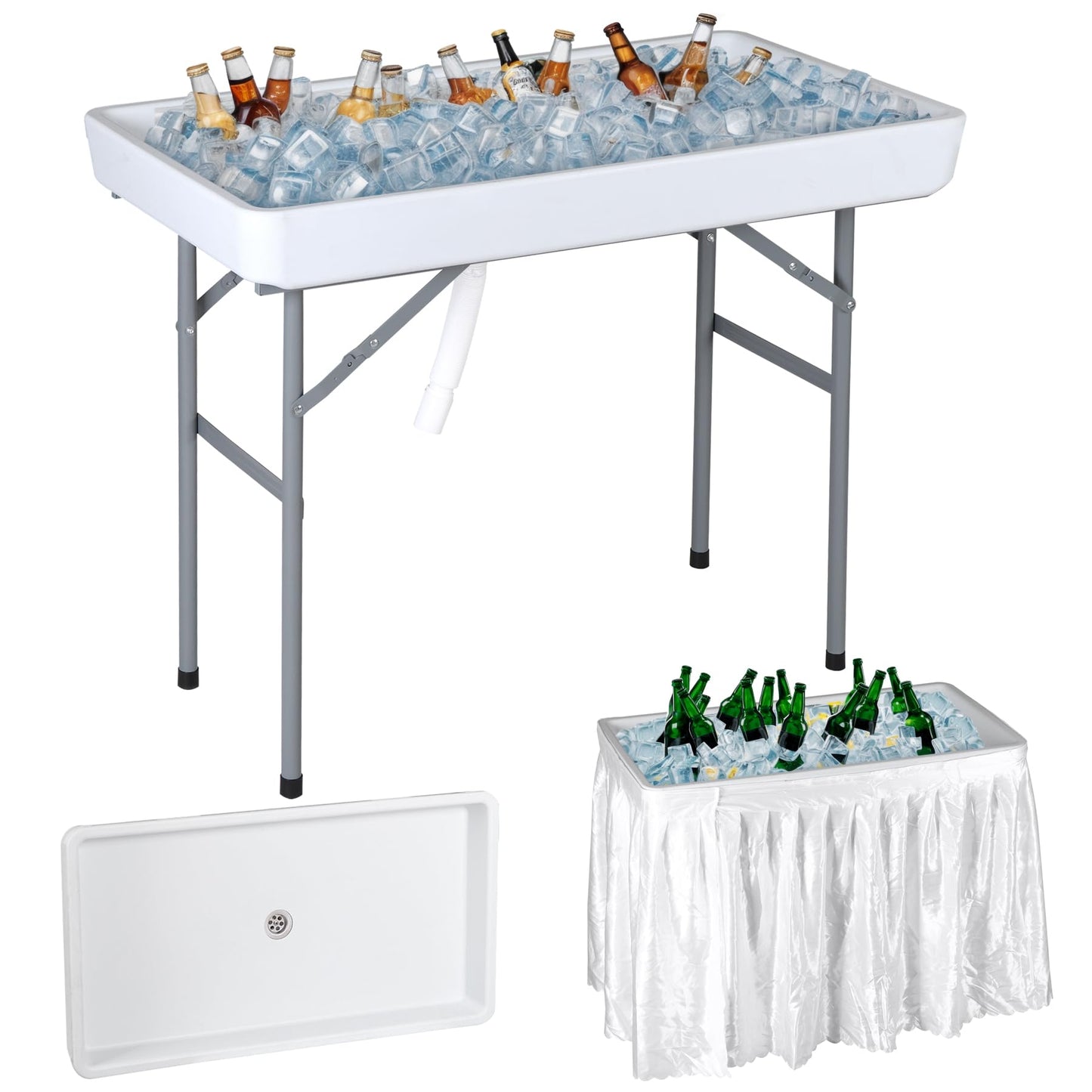 HomGarden Ice Cooler Folding Table with Removable Matching Skirt & Drain Hose, Ice Table for Food Beverage Cooling Indoor Outdoor Wedding Party Camping BBQ