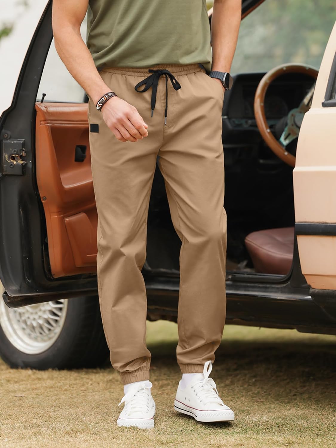 Mens Casual Cargo Joggers - Cotton Drawstring Hiking Pants for Outdoor Activities | Comfortable Twill Sweatpants