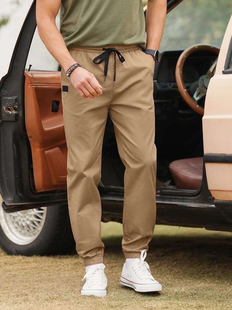 Mens Casual Cargo Joggers - Cotton Drawstring Hiking Pants for Outdoor Activities | Comfortable Twill Sweatpants