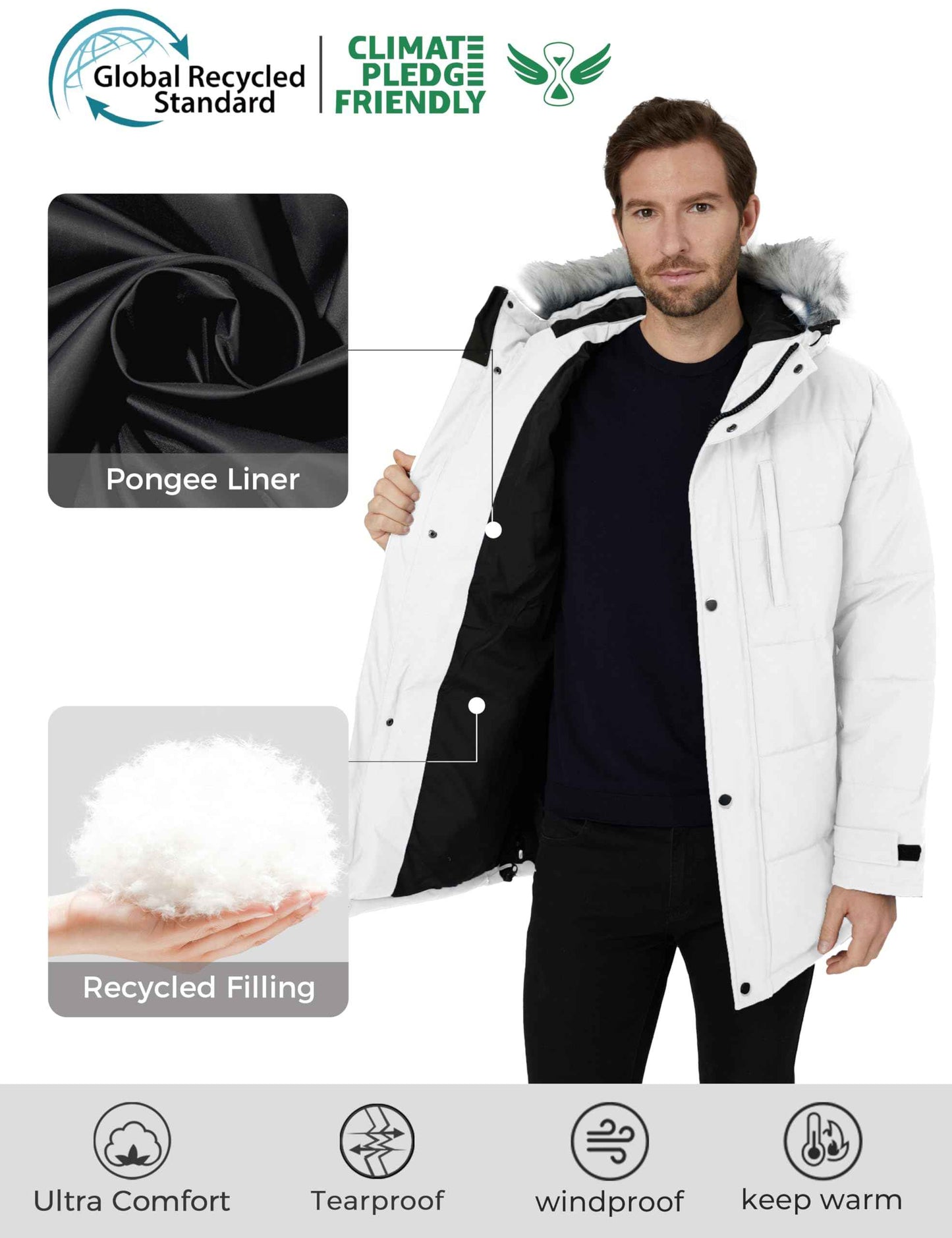 wantdo Men's Winter Coats Thick Bubble Jackets Waterproof Rain Jackets (White, Medium)