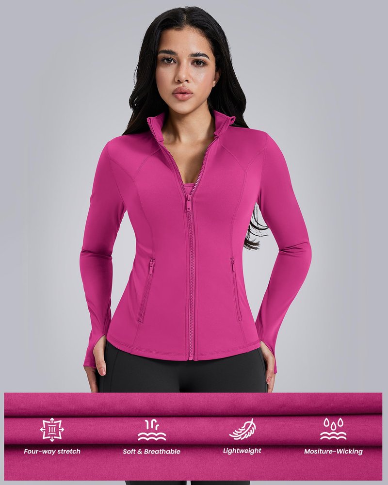 AVGO Womens Workout Jackets Lightweight Athletic Zip Up Jacket Slim Fit Running Gym Top with Pockets & Thumb Holes(Hot Pink, XL)